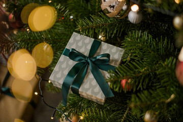 Happy Christmas with many presents and beautiful tree 