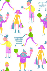 Fototapeta na wymiar People at shopping. Man with trolley, Woman with shopping bags, old man, old woman, funny characters.People in a different age. Seamless pattern. 