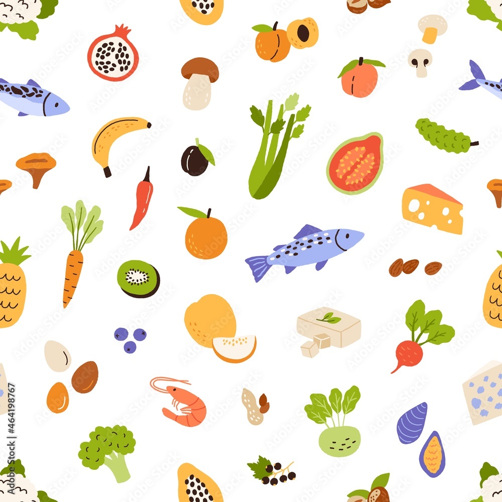 Poster healthy vitamin food pattern. seamless background with groceries. endless repeating texture design w