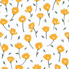 Cute seamless floral pattern. Trendy hand drawn digital illustration of mango orange flower with stem and leaves repeating on white background. Wrapping paper, fabric, surface design