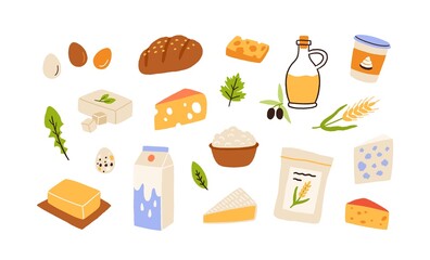Healthy food set. Bread, flour, dairy products, olive oil and butter collection. Milk, cheese, curds, egg and sour cream. Colored flat vector illustration of groceries isolated on white background