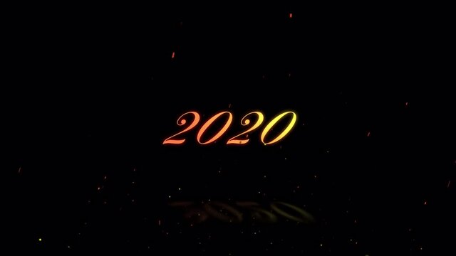 炎と共に出現し消える文字「2020」アルファチャンネル。背景透過。