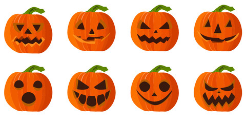 Halloween Pumpkin character. Set pumpkin. The main symbol of the Happy Halloween holiday. Orange pumpkin with smile for  Halloween. Vector illustration.