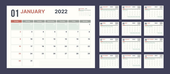 2022 calendar planner set for template corporate design week start on Sunday in color of the year.