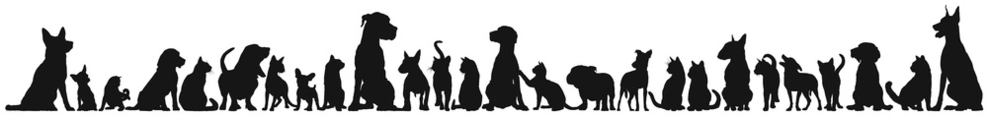 Front view of cats and dogs group standing or sitting vector silhouette collection - 464199928