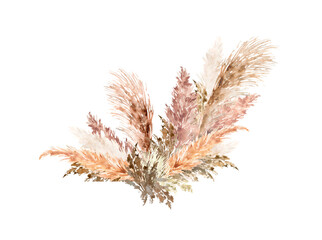 Obraz premium Pampas grass border painted in watercolor. Boho floral neutral colors frame. Botanical boho elements isolated on white. Bohemian style wedding invitation, greeting, card, stickers, scrapbooking