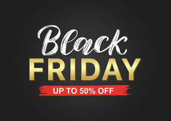 Black Friday typography banner in black, gold, and red colors. Typography Black Friday poster as promotion, advertising, and sale design.