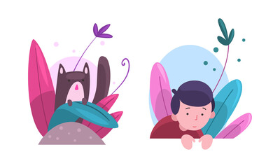 Cute Boy and Cat Hiding in Fairy Bush Vector Set