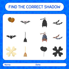Find the correct shadows game with halloween icon. worksheet for preschool kids, kids activity sheet