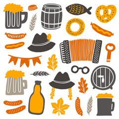Oktoberfest vector elements set. Traditional German festival objects. Beer glass, barrel, hat, sausage, bagel grunge silhouette celebration collection. Poster, banner, print design
