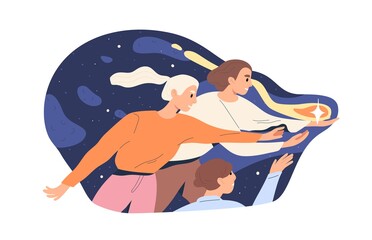 Team reaching success and catching luck. Fortune and achievement concept. Successful people getting star for teamwork, succeeding in business. Flat vector illustration isolated on white background