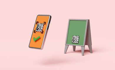 orange mobile phone or smartphone with barcode,qr code scanning,check mark,store front sign isolated on pink background.online shopping concept,3d illustration,3d render