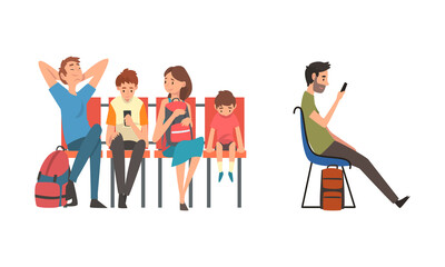 People Character at Airport Sitting and Waiting for Flight Vector Illustration Set