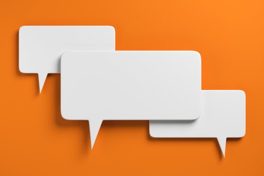 Social media notification icons, white speech bubbles on orange background. 3D rendering