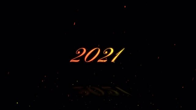 炎と共に出現し消える文字「2021」アルファチャンネル。背景透過。
