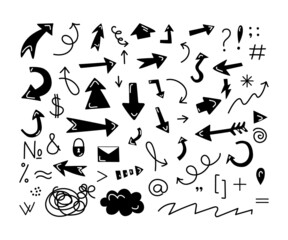 Fototapeta na wymiar Arrows are a set of different black and white, drawn in a doodle style. The symbols are question mark, dollar, letter, lock, cloud, brackets. The vector illustration is isolated.