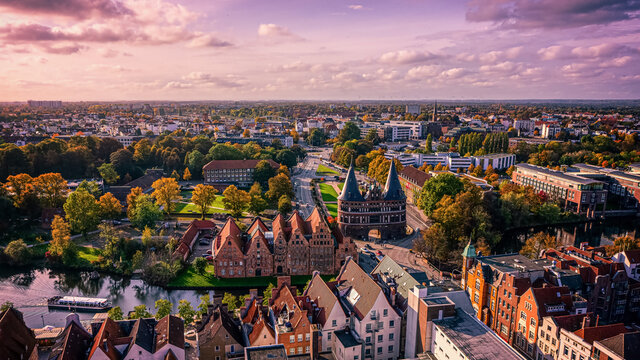 The view of the Holsten Gate and the cityscape of L&uuml;beck in autumn 