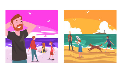 People Characters at Sea Shore Walking Enjoying Warm Day Vector Illustration Set