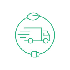 Electric delivery truck. Green transportation vehicle inside circle with leaf and electric plug. Environmental friendly mode of transport. Fast efficient delivery. Vector illustration, flat, clip art.