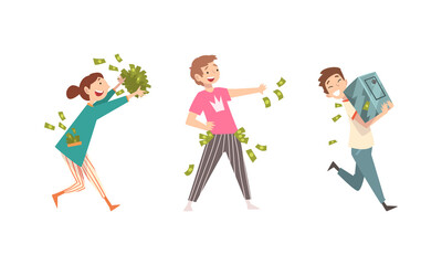 Rich Man and Woman Character with Pile of Cash and Bills Vector Set