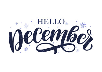 Hello December hand drawn lettering decorated by snowflakes. Winter season's greeting as card, postcard, poster, banner. label.