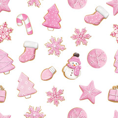 Seamless pattern of cute watercolor gingerbread. Christmas gingerbread cookies. Christmas decorations