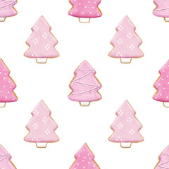 Seamless pattern of cute watercolor gingerbread. Christmas gingerbread cookies. Christmas decorations