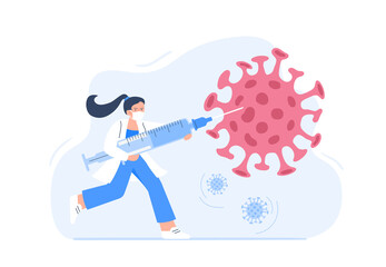 Female doctor with big syringe and vaccine prevents spread of coronavirus. Medicine against COVID-19. Vaccination, fight against diseases. Vector flat illustration isolated on white background.