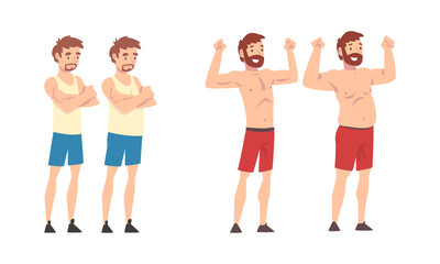 Fototapeta premium Fat and Slim Man Before and After Weight Loss Vector Set