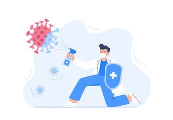 Male doctor with disinfectant spray prevents spread of coronavirus. Protection against COVID-19. Prevention, protection against diseases. Vector flat illustration isolated on white background.