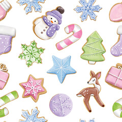 Fototapeta na wymiar Seamless pattern of cute watercolor gingerbread. Christmas gingerbread cookies. Christmas decorations