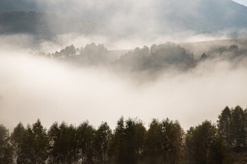 beautiful foggy autumn morning landscape in rural Transylvania