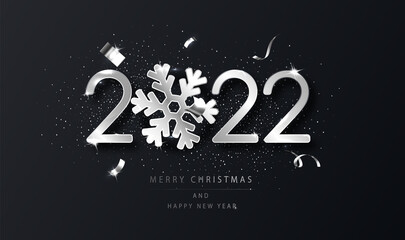 Silver 2022 Happy New Year background with snowflake. Black New Year background with wishes. Template for holyday design card, banner.