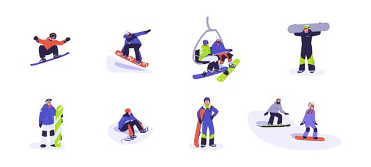 Fototapeta premium People with snowboards set. Happy adults and kids snowboarders. Active young men and women with snow boards. Winter fun snowboarding. Flat vector illustration isolated on white background