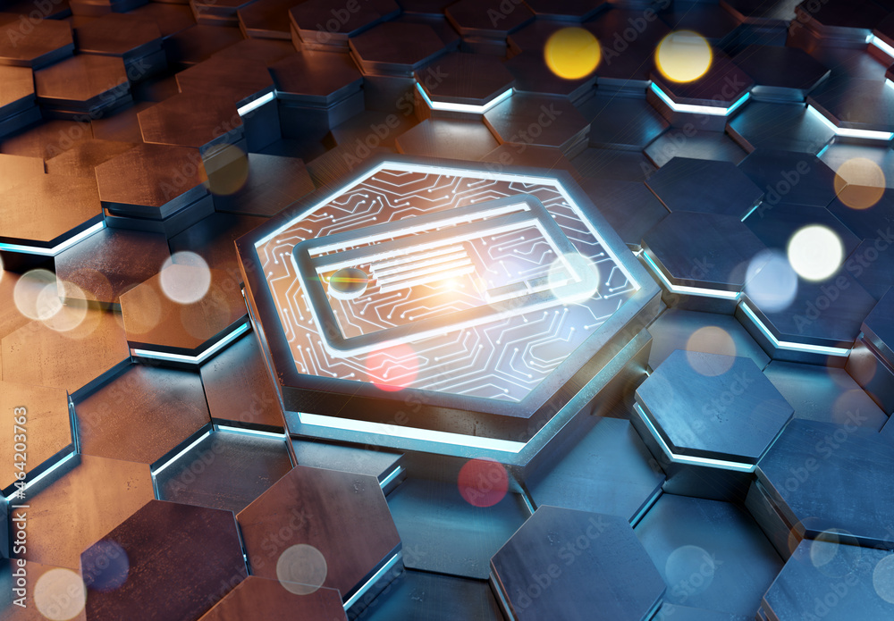 Poster payment card icon concept engraved on metal hexagonal pedestral background. credit card logo glowing