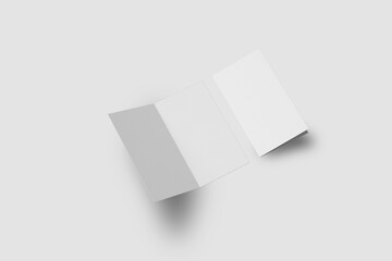 Empty blank triple folded leaflet brochure flyer mockup, folded and open, isolated on grey background. 3D rendering realistic advertising print template, marketing presentation, branding design.