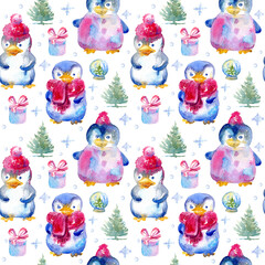 Seamless pattern  of a winter penguins and spruce.Watercolor hand drawn illustration.White background.	