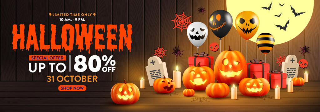 Halloween Sale Promotion Poster or banner with Halloween Ghost Balloons and Pumpkin. Scary air balloons,bat and Halloween Elements. Website spooky,Background or banner Halloween template.