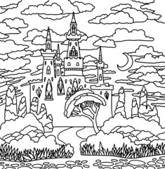 castle cute lined doodle forest trees clouds coloring book page, black and white background lined doodle coloring book page book black and white art therapy