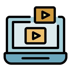 Laptop video blog icon. Outline laptop video blog vector icon color flat isolated