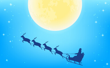 Obraz na płótnie Canvas トナカイのそりで空を飛ぶサンタクロースのシルエットと満月