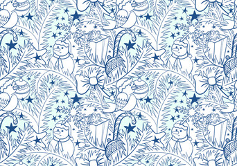 Cute hand drawn pattern with Christmas tree branches, ornaments, bullfinch, snowman and snowflakes. Christmas background. Festive Christmas print for printing on fabric and paper