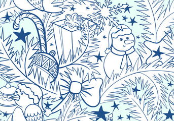 Cute hand drawn pattern with Christmas tree branches, ornaments, bullfinch, snowman and snowflakes. Christmas background. Festive Christmas print for printing on fabric and paper