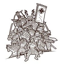 Group of Samurai Warrior with Weapon Japanese Fighter  Ronin Cartoon Graphic Vector