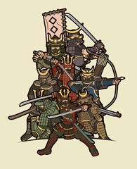 Group of Samurai Warrior with Weapon Japanese Fighter  Ronin Cartoon Graphic Vector