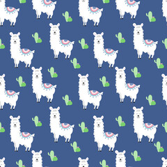 Childish seamless pattern with hand drawn alpaca. On blue background. Perfect for kids apparel,fabric, textile, nursery decoration,wrapping paper. vector.
