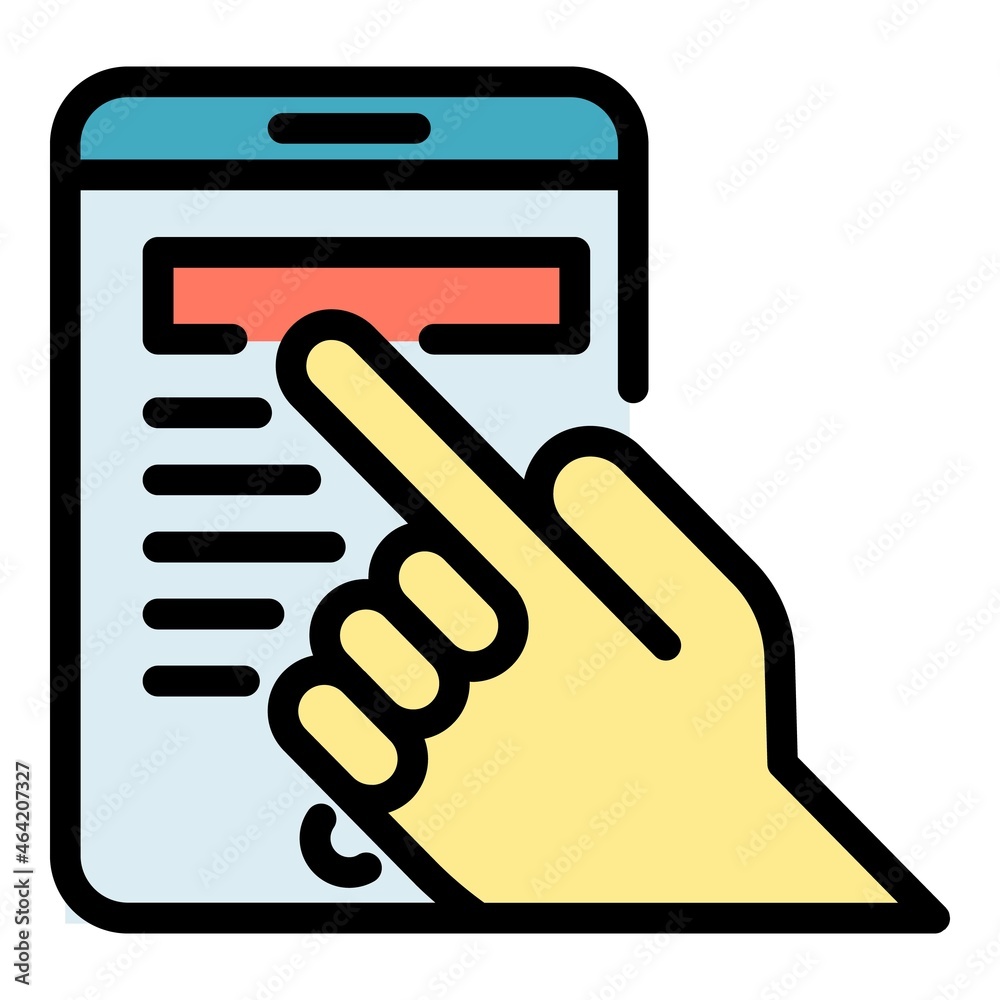 Poster Finger on smartphone icon. Outline finger on smartphone vector icon color flat isolated - Posters