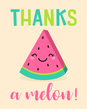 Naklejki Cute watermelon cartoon illustration with text “Thanks a melon” for greeting card design.