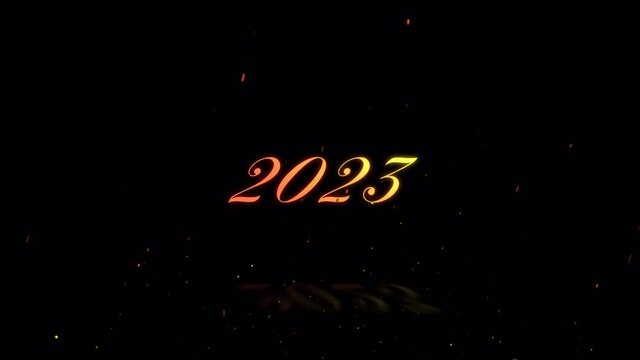 炎と共に出現し消える文字「2023」アルファチャンネル。背景透過。