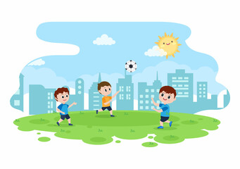 Playing Football with Boys Play Soccer Wear Sports Uniform Various Movements Such as Kicking, Holding, Defending, Parrying and Attacking in Field. Vector Illustration